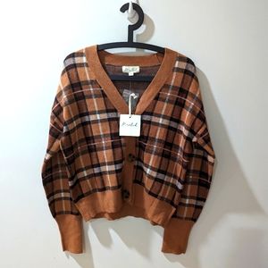 Marled Brown Check Grampa Cardigan Sweater NWT